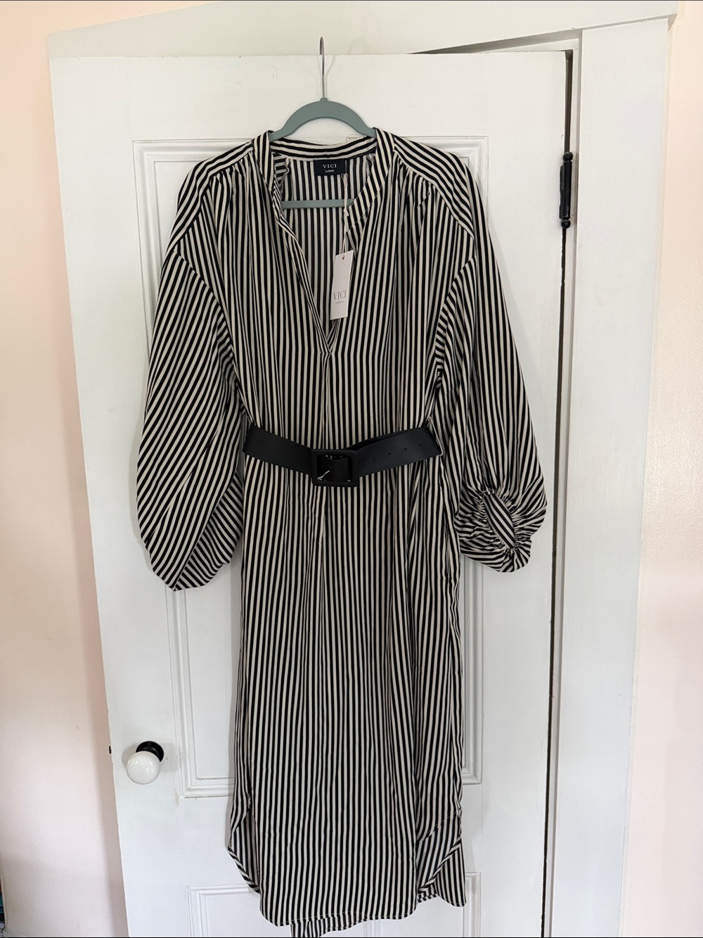 Vici Black & White Vertical Stripe Midi Shirt Dress